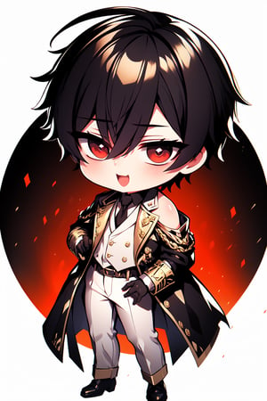 Very handsome and chaming boy, black short hair. He wears a very elegant prince (white long sleeve shirt, white pants, white 19th century military blazer, black gloves, golden cloth shoulder pads). Beautiful skin. Beautitul and detailed eyes. red eyes. His eyes shine, his hair looks nice and shines too. Tidy hair hairstyle. Chibi character,Excited