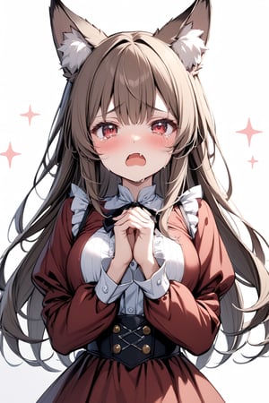 1girl, solo, long hair, looking at viewer, blush, open mouth, bangs, simple background, brown hair, shirt, red eyes, long sleeves, white background, dress, animal ears, white shirt, upper body, fang, tears, animal ear fluff, fox ears, sparkle, red dress, thick eyebrows, crying, own hands together, crying with eyes open