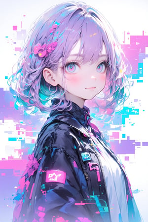 Create an anime-style portrait of a young woman from the waist up. She has a delicate face with large, expressive eyes that sparkle with curiosity. Her hair is shoulder-length, soft, and flows gently in loose waves, dyed in a unique blend of pastel colors—lavender, baby blue, and pink. She wears a fitted jacket with a slight futuristic design, complete with a small emblem on the collar. Her gaze is forward, giving a slight, confident smile. The background features a glitch effect with digital distortions, giving the sense of a fractured, cyberpunk-inspired world. This glitch effect contrasts subtly with her serene and calm demeanor, blending shades of neon purple, teal, and light pink, as if she’s part of a digital realm.