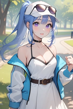 1girl, solo, long hair, breasts, looking at viewer, small breasts, hat, dress, cleavage, bare shoulders, standing, purple eyes, collarbone, jacket, ponytail, blue hair, cowboy shot, outdoors, park, parted lips, open clothes, choker, day, belt, off shoulder, blurry, open jacket, blurry background, halterneck, sunglasses, cyan jacket, baseball cap, eyewear on head, white jacket, Cute Anime