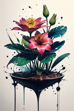 Lily, flower, stunning image, minimalism, ink, watercolor, plant, no humans, masterpiece, stunning image, ink everywhere.