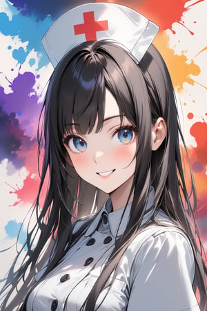 1girl,  sexy wink, black straight hair, straight hair, himecut hair, long hair, white nurse's uniform, nurse's cap, warm and cute smile, simple background, colorful ink brushstrokes in background, beautiful eyes, detailed face, beautiful image.