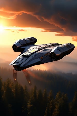 High detailed, realistic photo of starship, flying over a forest at high speed, front view, thrusts fromjet engine,sunset, 8k, stunning image, realistic textures, cinematic scene, ((masterpiece: 2)), light particles, 
ek_ph0t0_b00ster,ek_real_b00ster,ek_art_b00ster,ek_raz0r_cre5t,ek_rcr3ar