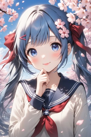 1girl, solo, long hair, smile, bangs, blue eyes, shirt, hair ornament, long sleeves, ribbon, twintails, closed mouth, school uniform, blue hair, hair ribbon, upper body, flower, outdoors, sky, serafuku, hairclip, hair flower, sailor collar, lips, neckerchief, petals, cherry blossoms, red neckerchief, pink flower, hand on own chin