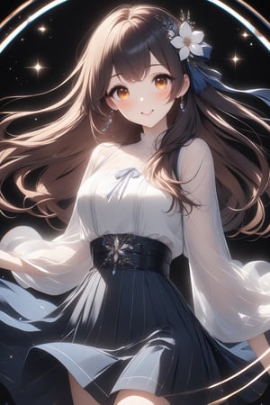 a medium-sized anime girl is standing on a light-colored surface. She is dressed in a long-sleeved white blouse with a blue skirt, adorned with a black belt. Her hair is adorned with two white flowers, adding a touch of color to her outfit. The background is blurred, creating a stark contrast to the girl's outfit. Masterpiece, light particles, attractive image, 8k, stunning image, professional style.