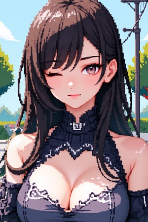 Mecha girl, very beautiful girl, sexy girl, masterpiece quality, looking at viewer, one eye closed, Pixel Art