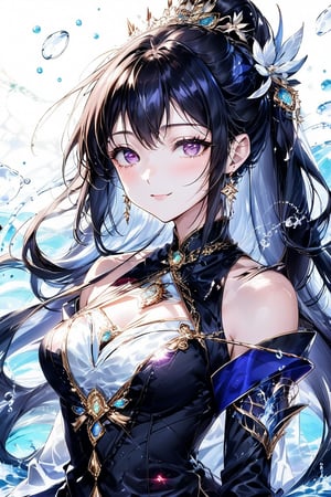 Beautiful anime girl. She is very badass, she wears a very luxurious outfit. detailed image, detailed skin, upper body, looking at viewer. White background, water drop, ((masterpiece: 1.2)), light particles, ink droplets in background. Anime style