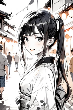 solo, 1girl, long white hair, smile, charming girl, from side, looking at viewer, very beautiful woman, (upper body), festival in background, hairpin, long hair, straight hair, twin tails, walking, shoujo manga style, manga art style, long sleeved blouse, makeup, blush, kimono, ((monochrome)), gray scale, greyscale, ((Pencil sketch)), professional style, detailed image, ((masterpiece quality: 2)), attractive image. ,Details,Detailed Masterpiece,Reflections