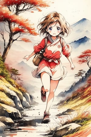 A woman running along a mountain trail, with a determined expression on her face and the natural landscape as a backdrop

cute,mix,anime,cute,INK,watercolor \(medium\)