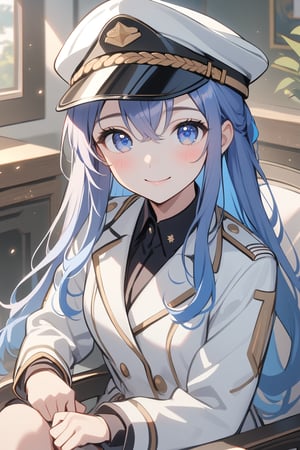 1girl, solo, long hair, looking at viewer, blush, smile, bangs, blue eyes, shirt, long sleeves, hat, hair between eyes, sitting, closed mouth, blue hair, jacket, collared shirt, uniform, sitting in chair, black shirt, white headwear, white jacket, peaked cap, light particles,Cute Anime