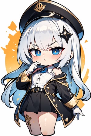 Pretty and intimidating girl. She wears a very elegant black military dress (white shirt, blazer, skirt, white gloves, gold cloth shoulder pad, military plate cap). She is a very elegant and dominant girl. Hyperdetailing masterpiece, hyperdetailing skin, masterpiece quality, with 4k resolution. Long hair, himecut hairstyle, silver hair. Chibi character,Hateful gaze