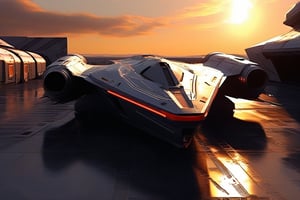 High detailed, realistic photo of starship, landed in a futuristic hangar, front view, sunset, 8k, stunning image, realistic textures, cinematic scene, ((masterpiece: 2)), light particles, 
ek_ph0t0_b00ster,ek_real_b00ster,ek_art_b00ster,ek_raz0r_cre5t,ek_rcr3ar