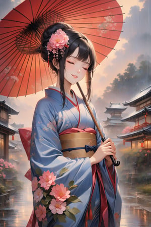 1girl, solo, looking at viewer, fine art parody, oil painting, bangs, closed eyes, black hair, smiling, hair ornament, long sleeves, holding, jewelry, full body, flower, sidelocks, outdoors, parted lips, japanese clothes, hair flower, wide sleeves, kimono, necklace, one elegant hair bun, sash, umbrella, obi, floral print, pink flower, rain, holding umbrella, blue kimono, oil-paper umbrella, stunning image, digital art, professional style, ((masterpiece quality: 2)), close up, attractive image, fine art parody, oil painting style.