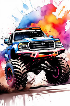 A stunning image representing a badass monster truck, the vehicle is skidding and kicking up a cloud of colorful dust behind it. Image with ink art, ink brushstrokes in baackground, fine art parody, close up, Ink art.