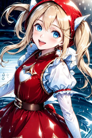 Beautiful girl. She is very badass, she wears a very fancy Little Red Riding Hood outfit. detailed image, detailed skin, medium shot, walking. ((twintails hairstyle)), blue eyes, blonde hair, white background, water droplets in background.