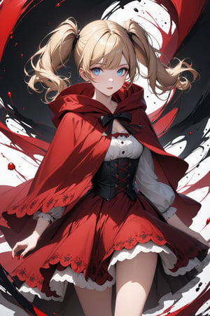 Beautiful girl. She is very badass, she wears a very fancy Little Red Riding Hood outfit. detailed image, detailed skin, medium shot, walking. ((twintails hairstyle)), blue eyes, blonde hair, white background, ink droplets in background.,Eyes,Beautiful eyes,INK