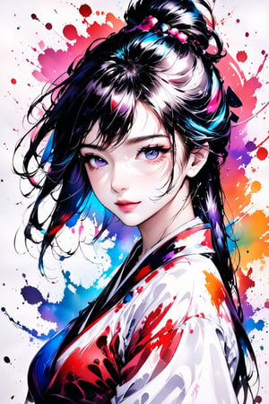 A very beautiful girl, white background, ink brushstrokes in background mastepiece quality, stunning image, looking at viewer, anime girl, colorful, Ink art style.