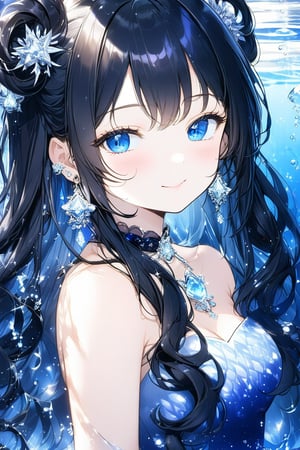 1girl, solo, long hair, twintail hairstyle, looking at viewer, blush, bangs, black hair ornament, jewelry, blue eyes, wavy hair, earrings, cute outfit, parted lips, blurry, eyelashes, ((masterpiece: 2)), excellent quality, light particles, water drop, ((stunning_image: 1.5)), Anime art style.