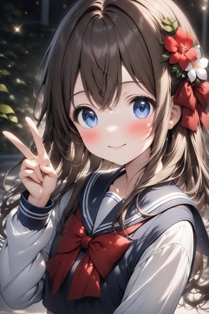 1girl, solo, long hair, looking at viewer, blush, smile, bangs, blue eyes, brown hair, hair ornament, long sleeves, bow, hair between eyes, school uniform, upper body, flower, serafuku, hair flower, sailor collar, red bow, v, stunning image, light particles, attractive image, 8k, masterpiece. 