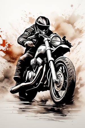 A stunning image representing a motorcycle (Harley Davison), the vehicle is skidding and kicking up a cloud of dust behind it. Image with ink art, ink brushstrokes in baackground, fine art parody, close up, Ink art.