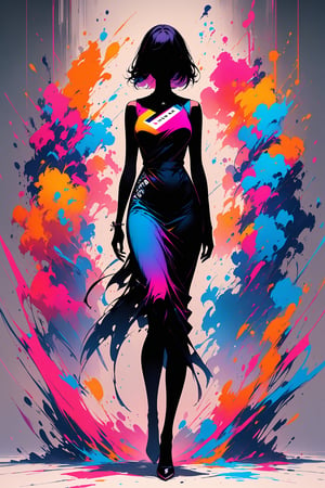 Silhouette of an elegant woman, very elegant woman, masterpiece, full body, colorful, no showing face, front view, looking at viewer, logo aesthetics. INK