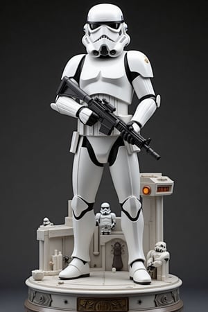 An impressive porcelain figure of a Stormtrooper stands in poised readiness. Every detail of the iconic white armor is meticulously crafted, capturing the essence of the soldiers of the Galactic Empire. The helmet, with its black visor and precise contours, reflects the light with a sense of menace. The armor, polished and pristine, is marked with the subtle scuffs of battle. The figure holds a blaster rifle, ready for action. Surrounding the Stormtrooper are elements of the Star Wars universe, including a detailed backdrop of a Death Star corridor, fellow Stormtroopers, and futuristic technology, creating a dynamic scene. The base is adorned with the Imperial insignia, adding to the grandeur of the figure. Every aspect of this porcelain masterpiece showcases the highest level of artistry and craftsmanship, making it a true collector's item