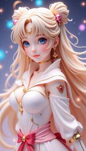 (Beautiful Japanese style figure diorama). Digital art photograph of Sailor Moon, rendered in 3D style with exquisite detail. The character's face is centered, gazing slightly to the left while capturing a serene yet determined expression. Her large, expressive blue eyes are accentuated by long eyelashes and framed by a pale pink blush on her pale skin. Her lips are slightly parted, revealing a subtle sheen. Her flowing pale blonde hair is styled into twin buns, with delicate strands framing her face and cascading down her back. A golden crescent-shaped headpiece adorns her forehead, featuring an intricate design with star-like elements on either side of the central moon symbol. Large circular earrings with moon-shaped pendants complement her outfit. Her outfit is a white sailor suit with shiny reflections and crimson accents, partially visible from under her cloak. A prominent pink ribbon adorns her chest. The background features a dreamy bokeh effect using a variety of colors, including blue, pink, purple and white, reminiscent of lights and stars, creating a cosmic atmosphere. The lighting is soft and diffuse, coming from the front left, casting gentle shadows and creating an ethereal glow around the hair and face while highlighting the character's facial features and accessories. ,VNS_Add details,cool_Anime,Resin Figure,masterpiece