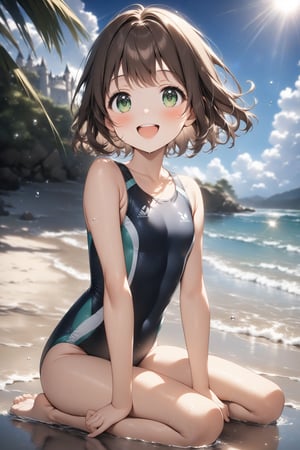 1girl, very beautiful girl, smiling, happy, open mouth, green eyes, ribbon, brown hair, one piece swimsuit, beach in the background, sun, sun rays, light particles, stunning image, sitting kneeling on the sand, professional style, short hair, reflection in the water, 8k, slightly blurred background, masterpiece quality, playing with a sand castle.