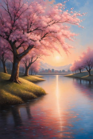 outdoors, day, water, tree, colorful reflections, sunset, no humans, grass, cherry blossoms, nature, scenery, reflection, oil painting, masterpiece, stunning image, clouds, expressionism, fine art parody, oil painting style.
