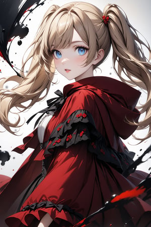 Beautiful girl. She is very badass, she wears a very fancy Little Red Riding Hood outfit. detailed image, detailed skin, medium shot, walking. ((twintails hairstyle)), blue eyes, blonde hair, white background, ink droplets in background.,Eyes,Beautiful eyes,INK