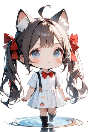 1girl, solo, long hair, looking at viewer, bangs, blue eyes, black hair, simple background, shirt, white background, bow, ribbon, animal ears, twintails, hair ribbon, white shirt, full body, ahoge, short sleeves, hair bow, cat ears, bowtie, chibi, v-shaped eyebrows, animal ear fluff, black bow, blush stickers, suspenders, :<, detailed image, detailed skin, blush, realistic eyes, extremely beautiful woman, ((masterpiece quality: 2)), light particles, attractive image, reflections, Deformed,((Chibi character))
