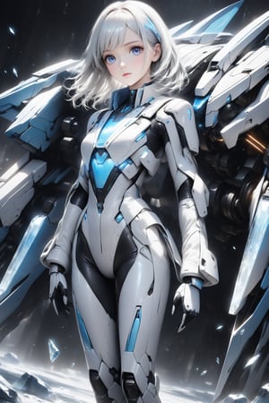 Best picture quality, high resolution, 8k, realistic, sharp focus, image of elegant lady, supermodel, pure white hair, blue eyes, wearing high-tech cyberpunk, radiant Glow, sparkling suit, mecha, perfectly customized high-tech suit, ice theme, custom design, 1girl, swordup, looking at viewer