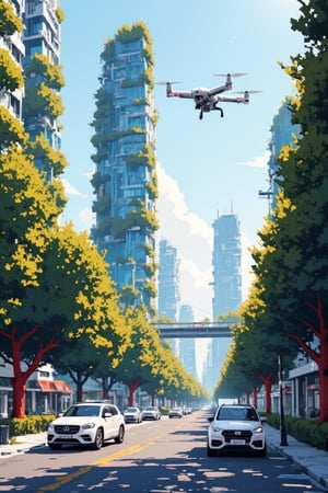 Imagine a futuristic utopian city where advanced technology and nature coexist in perfect harmony. Glass and steel skyscrapers soar skyward, covered with vertical gardens and solar panels that glow in the sunlight. The streets are filled with autonomous and silent vehicles, while drones deliver packages in an efficient and environmentally friendly manner, Pixel Art