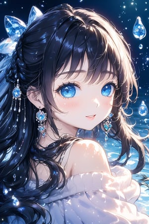 1girl, solo, long hair, twintail hairstyle, looking at viewer, blush, bangs, black hair ornament, jewelry, blue eyes, wavy hair, earrings, cute outfit, parted lips, blurry, eyelashes, ((masterpiece: 2)), excellent quality, light particles, water drop, ((stunning_image: 1.5)), Anime art style.