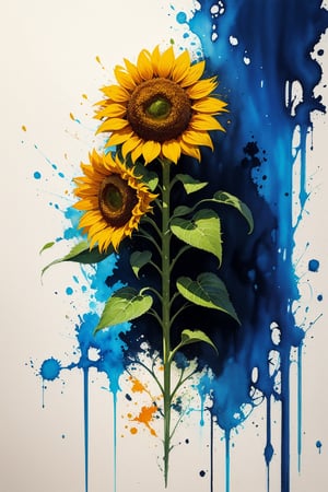 Sunflower, flower, stunning image, minimalism, ink, watercolor, plant, no humans, masterpiece, stunning image, ink everywhere.