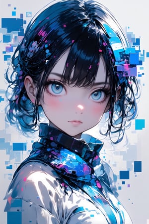 A mesmerizing anime girl's upper body is framed by flowing hair as she gazes directly into the camera with expressive eyes that seem to hold a thousand secrets. Her delicate face, a masterpiece of precision details, stands out against the distorted, fragmented glitch effect in the background, where digital chaos reigns supreme. The juxtaposition of her gentle features and the surreal backdrop creates a visually striking portrait that is at once captivating and thought-provoking.