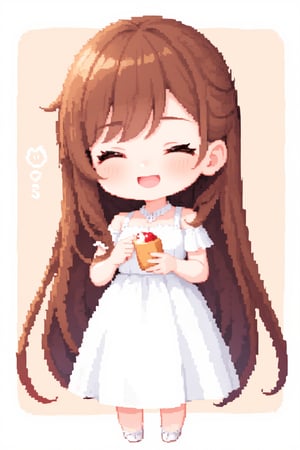 1girl, solo, long hair, blush, smile, bangs, simple background, brown hair, dress, holding, hair between eyes, very long hair, full body, closed eyes, ahoge, food, chibi, white dress, :3, blush stickers, outline, Pixel Art