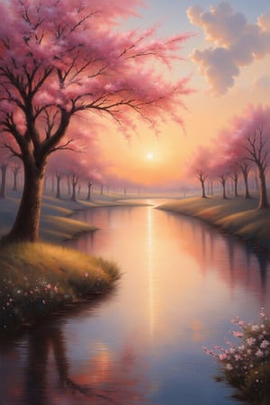 outdoors, day, water, tree, colorful reflections, sunset, no humans, grass, cherry blossoms, nature, scenery, reflection, oil painting, masterpiece, stunning image, clouds, expressionism, fine art parody, oil painting style.
