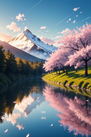 outdoors, sky, day, cloud, water, tree, blue sky, no humans, grass, cherry blossoms, scenery, reflection, mountain, reflective water