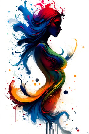 An abstract ink artwork that depicts the fluid and graceful silhouette of a woman, created using vibrant, colorful inks. The figure emerges through soft, flowing lines, where the colors—rich blues, fiery reds, lush greens, and golden yellows—blend and bleed into each other, creating a sense of movement and energy. The inks spread organically across the canvas, with splashes and gradients forming the contours of the woman’s shape. The use of negative space enhances her form, while the interplay of bright, dynamic colors gives the piece a sense of vitality and life, evoking themes of femininity, strength, and elegance.