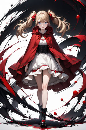 Beautiful girl. She is very badass, she wears a very fancy Little Red Riding Hood outfit. detailed image, detailed skin, full body, walking. ((twintails hairstyle)), blue eyes, blonde hair, white background, ink droplets in background.,Eyes,Beautiful eyes,INK