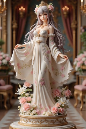 An exquisite porcelain figure of an elegant anime girl stands with unparalleled grace. Her delicate features, meticulously crafted, radiate a serene beauty that captivates the viewer. Her long, flowing hair cascades down in perfect waves, each strand detailed to perfection. She is adorned in a lavish gown, intricately decorated with delicate patterns and vibrant colors that reflect the light beautifully. Surrounding her are ornate decorations, including delicate flowers, intricate lace, and elegant accessories, each element adding to the overall masterpiece. The base of the figure is a work of art in itself, featuring finely detailed motifs that complement her refined pose. The background is adorned with enchanting decorations, such as intricate tapestries, delicate chandeliers, and elegant furniture, enhancing the overall scene with an aura of sophistication and luxury. Every aspect of this porcelain figure showcases the highest level of artistry and craftsmanship, making it a true masterpiece