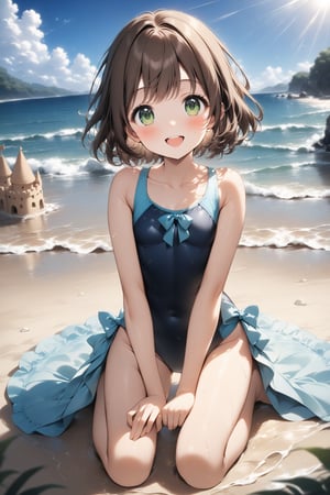 1girl, very beautiful girl, smiling, happy, open mouth, green eyes, ribbon, brown hair, one piece swimsuit, beach in the background, sun, sun rays, light particles, stunning image, sitting kneeling on the sand, professional style, short hair, reflection in the water, 8k, slightly blurred background, masterpiece quality, little sand castle in floor.