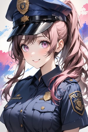 1girl, pink eyes, beautiful hair, ponytail hair, police's clothes, police hat, warm and cute smile, simple background, colorful ink brushstrokes in background, beautiful eyes, detailed face, beautiful image.