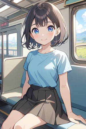 1girl, solo, looking at viewer, blush, smile, short hair, bangs, blue eyes, skirt, shirt, sitting, closed mouth, short sleeves, black hair, pleated skirt, sky, day, cloud, black skirt, medium hair, blue shirt, train interior, Cute Anime.