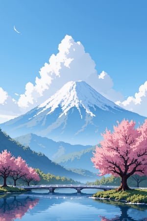 outdoors, sky, day, cloud, water, tree, blue sky, no humans, cherry blossoms, scenery, reflection, mountain, road, bridge, river, lake, mount fuji, realistic, digital art, professional style, detailed image, masterpiece quality, attractive image, Pixel Art.