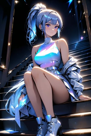 1girl, solo, holographic art, holographic clothes, stars, elegant woman, sitting in a stair, light particles, ponytail hairstyle, ((masterpiece quality: 2))