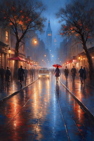 victorian city, road, night time, raining, coloful reflections, wet road, reflection, oil painting, masterpiece, stunning image, people walking aaround, expressionism, fine art parody, oil painting style.
