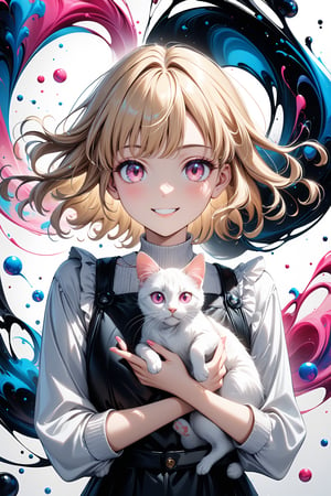 a girl holding a cat, anime style, smiling, blonde hair, pink eyes, colorful ink brushstrokes in background, looking at viewer, ink bubbles, stunning image, ink everywhere, digital art, professional style, ((masterpiece quality: 2)), ink droplets, attractive image.,Ink art style