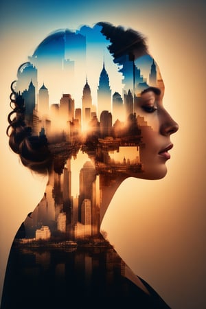 silhouette of a woman in profile. Inside the silhouette you can see the double exposure with a city, masterpiece, stunning image, ((double exposure)), proportional.,DOUBLE EXPOSURE,Ink art